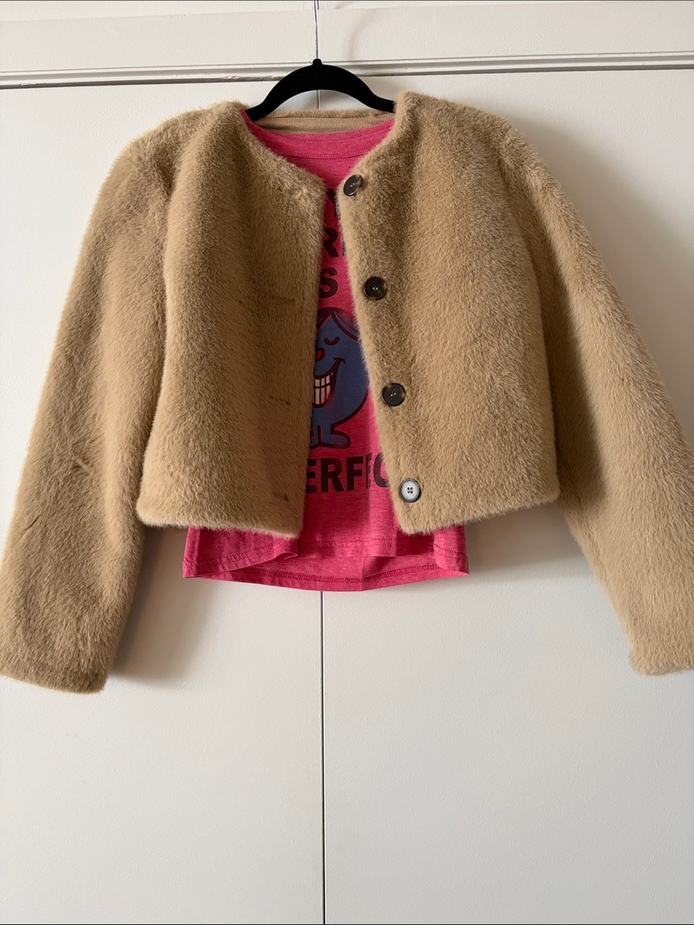 Zara Faux Fur Cropped Jacket - Camel with Pink Liner